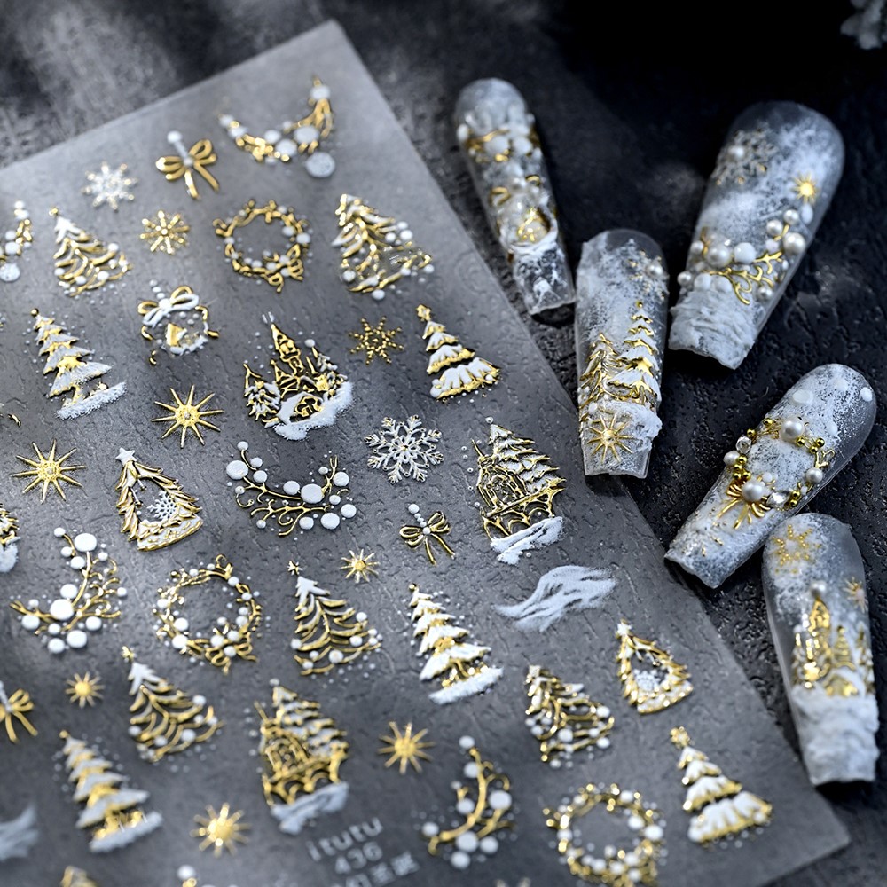 Nail Art Xmas Design - 5D en relieve castillo de oro/guirnalda/árbol